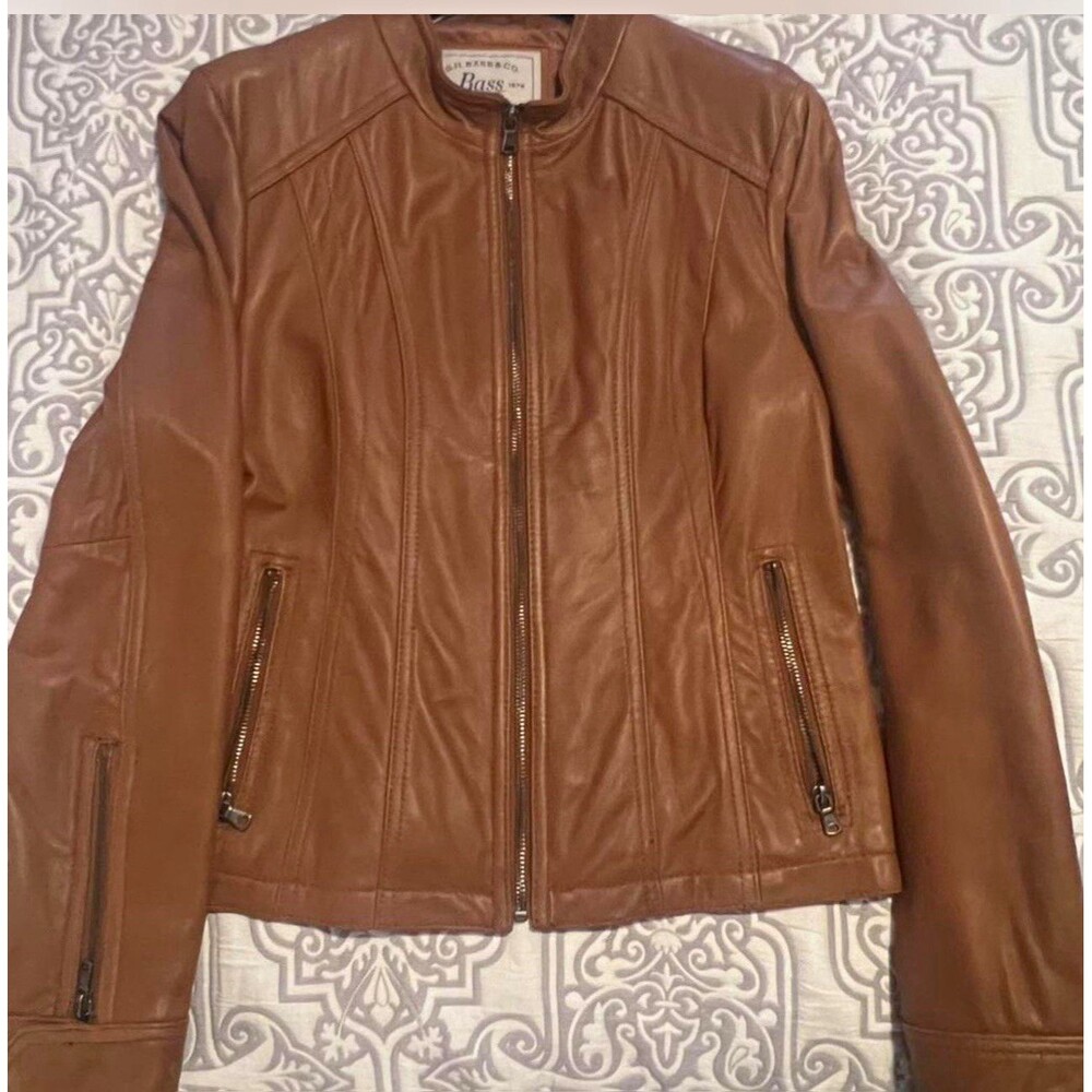 NWT G.H. Bass Genuine Leather Moto Jacket Women Size Medium Saddle Brown $450 MS